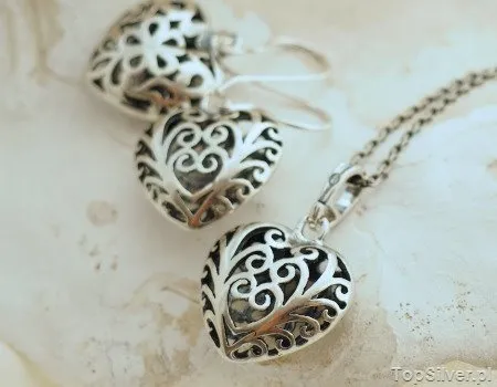 AŻUROWE SERDUSZKA - srebrny komplet