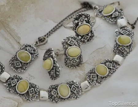 BAROCCO - srebrny komplet z bursztynem i perłami