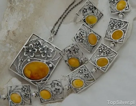 LAURA - srebrny komplet z mlecznym bursztynem