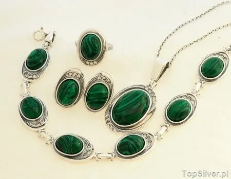 DUOMO - srebrny komplet malachit z kryształami