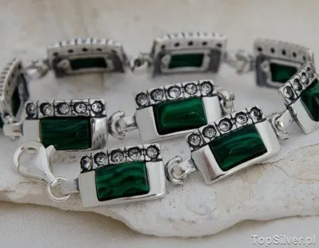 DEGLI - srebrna bransoletka malachit z kryształkami