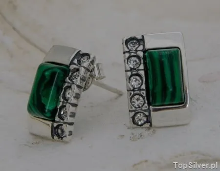 DEGLI - srebrne kolczyki malachit z kryształkami