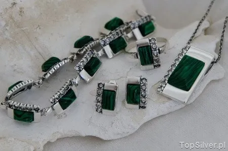 DEGLI - srebrny komplet malachit z kryształkami