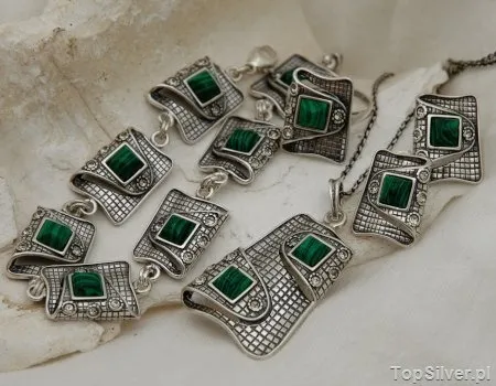 PAPPA - srebrny komplet malachity z kryształkami