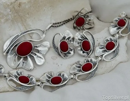 COLLEGIA - srebrny komplet z koralem