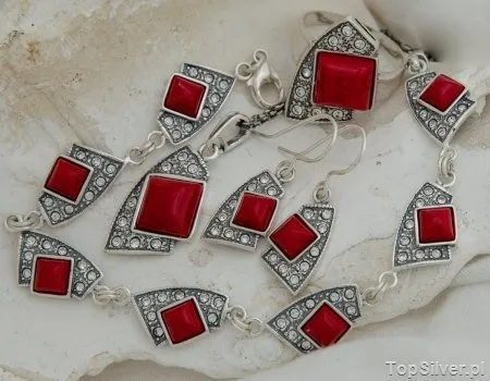 MORONI - srebrny komplet z koralem i kryształkami