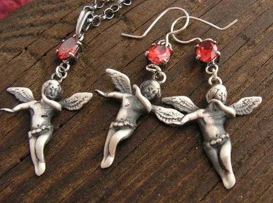 ANIOŁ - srebrny komplet z granatem