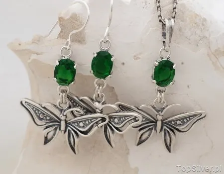 MOTYLEK - srebrny komplet ze szmaragdem
