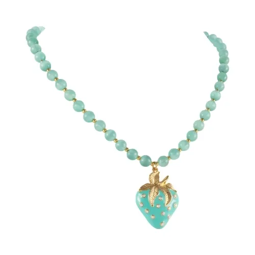 Naszyjnik kocie oko w kolorze mięty z truskawką zdobioną kryształkami (C24/KOR/304/1AU)