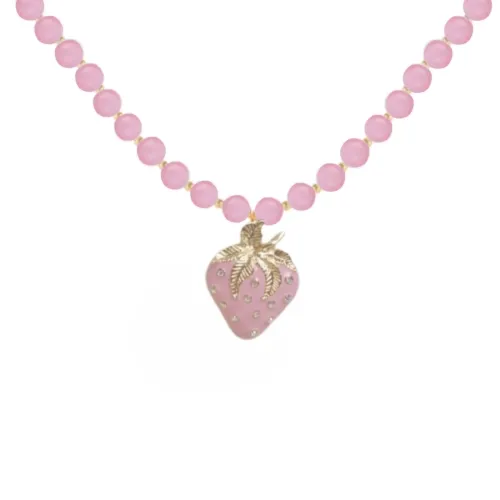 Naszyjnik kocie oko w kolorze różu z truskawką zdobioną kryształkami (C24/KOR/304/2AU)