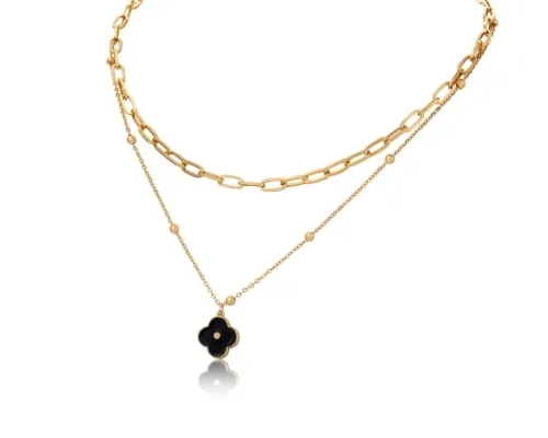Pozłacany, dwuwarstwowy naszyjnik z czarną koniczynką z kolekcji TEEN VIBE (C24/TEN/06AU)