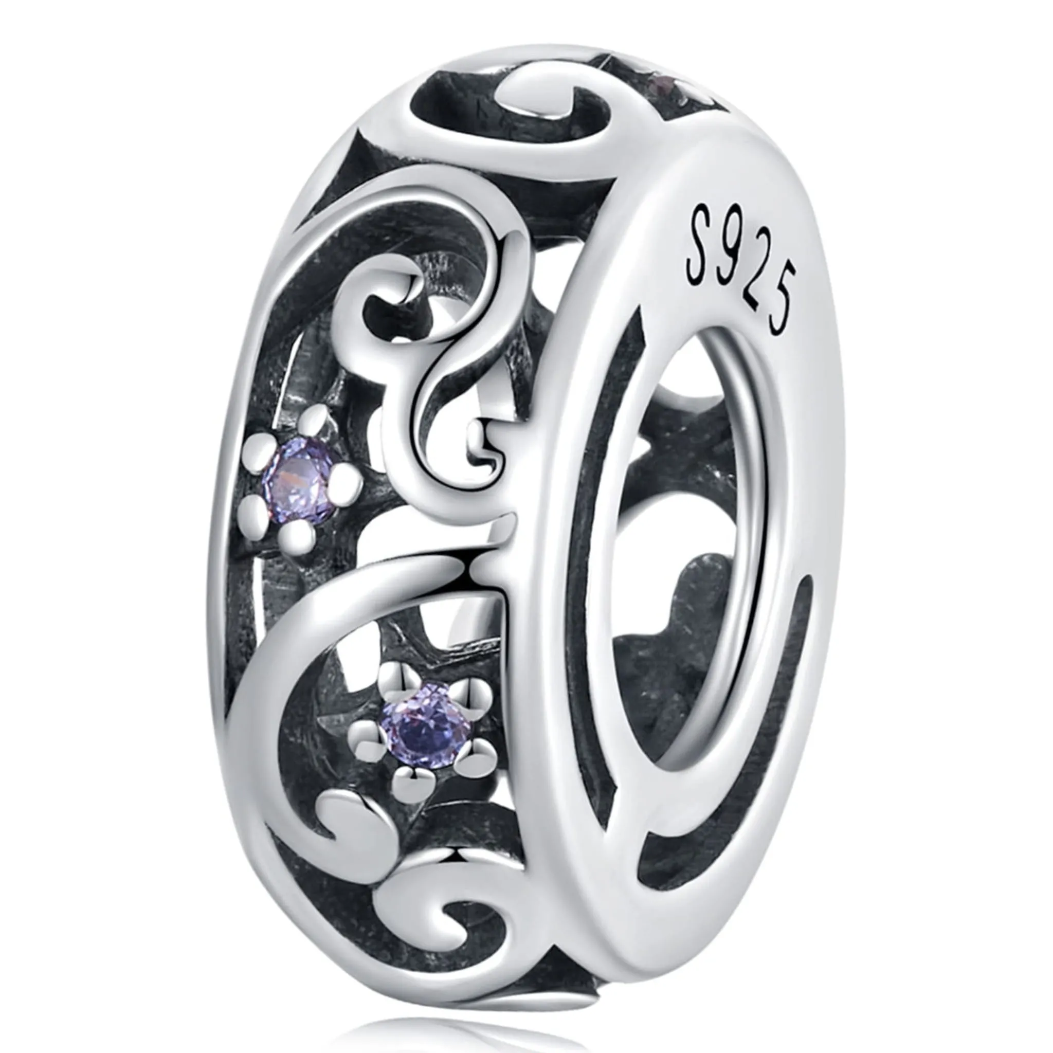 Koralik w ażurowe kwiaty z fioletowymi kryształami charms modułowy srebro 925