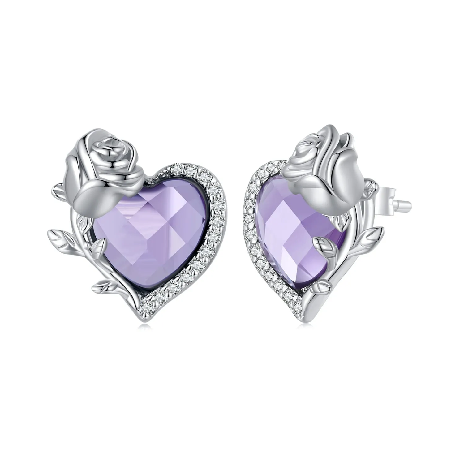 Kolczyki ze srebra fioletowe serca ozdobione różami sztyfty srebro 925