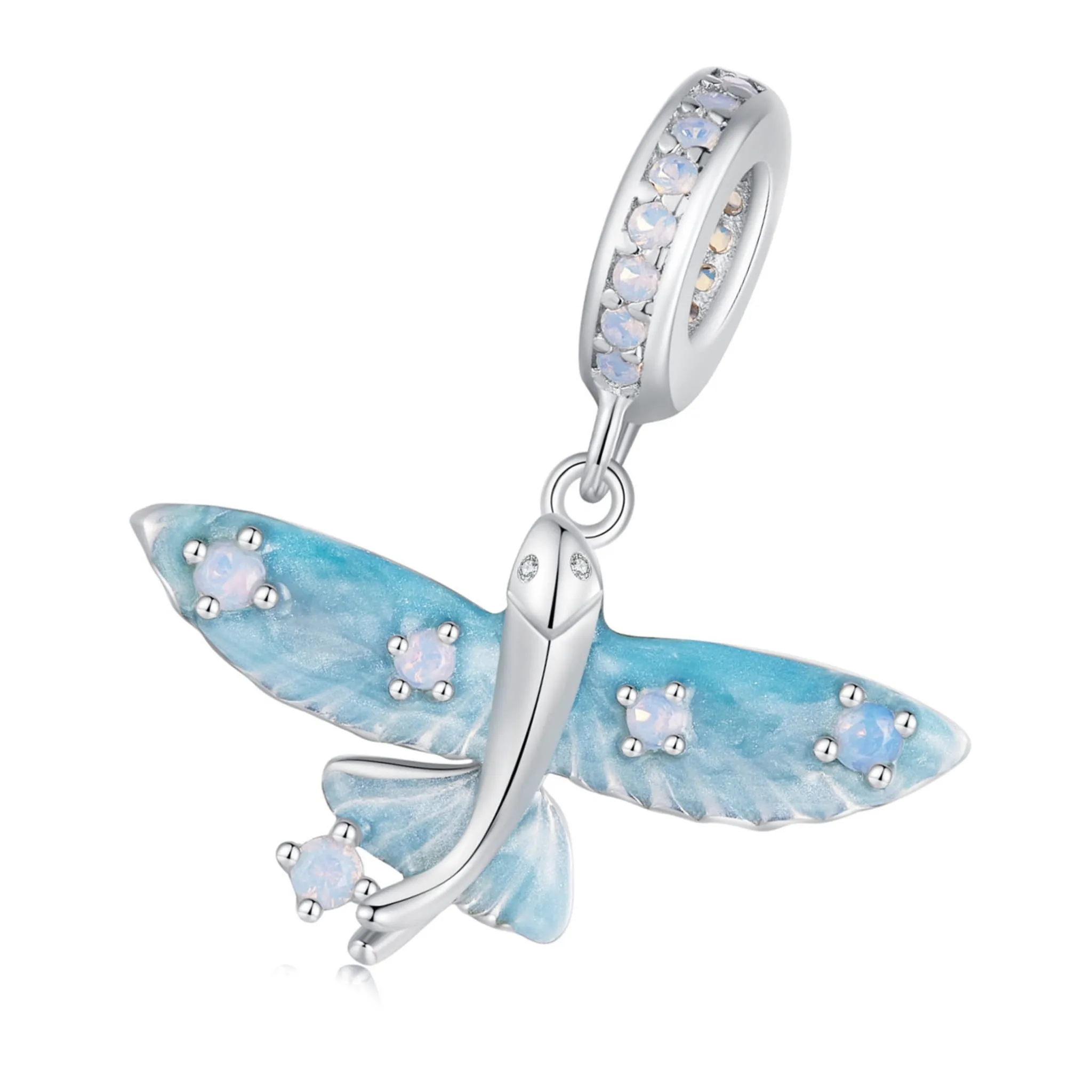 Latająca błękitna ryba charms srebrna zawieszka beads z kryształkami