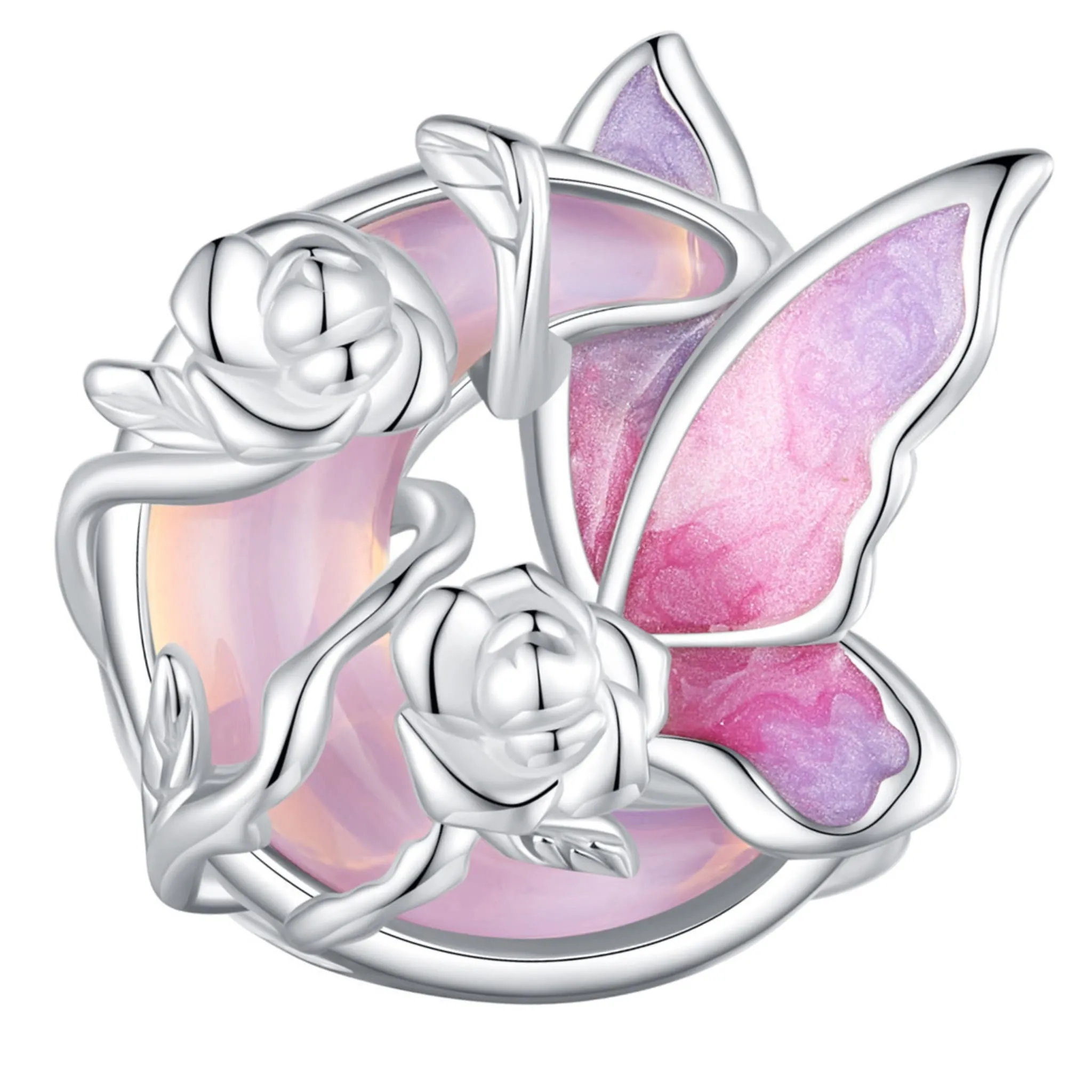 Różowy księżyc motyl i róże srebrny emaliowany charms koralik beads