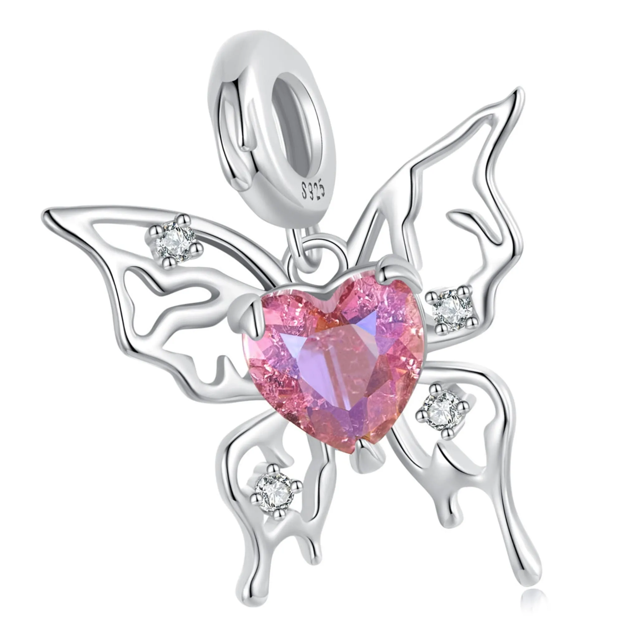 Duży motyl z różowym kryształowym sercem srebrna zawieszka beads