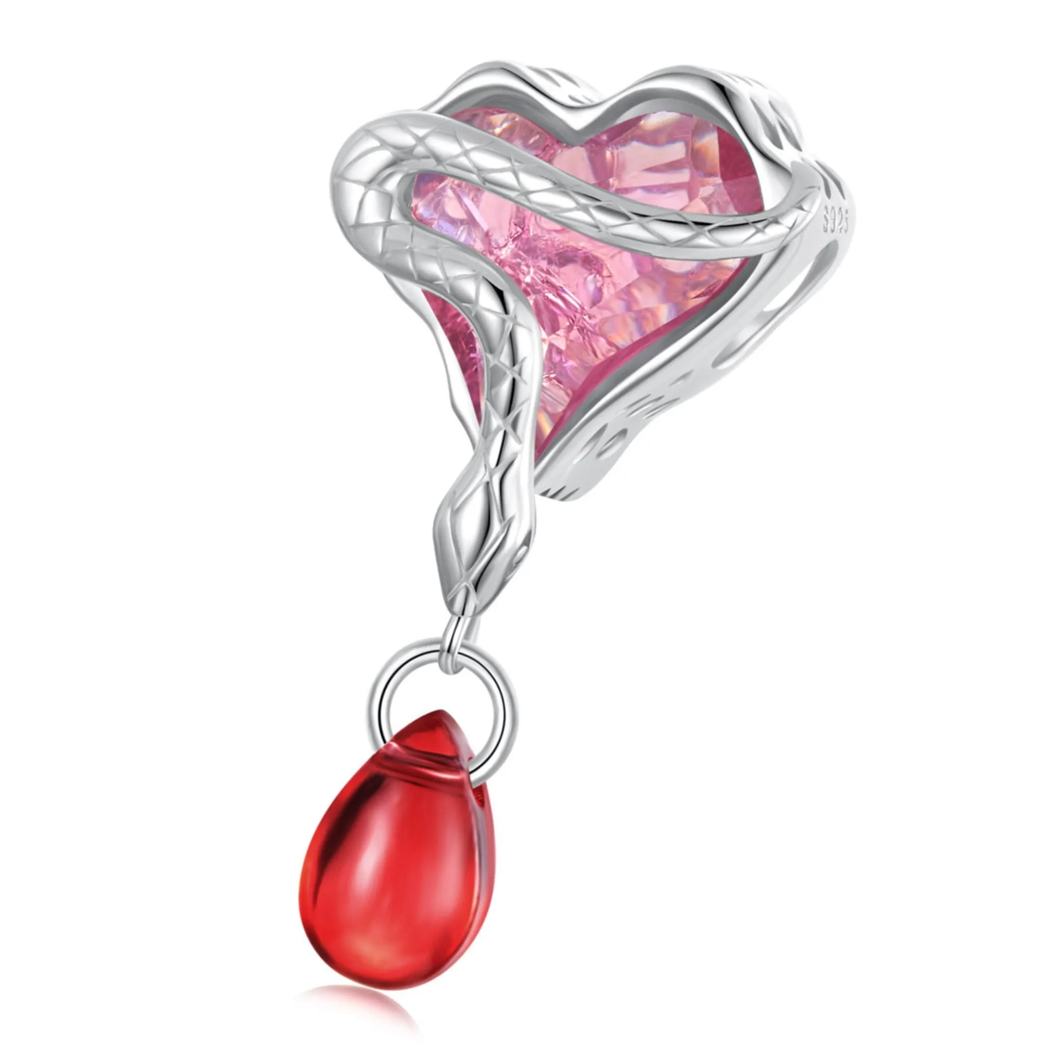 Różowe serce z wężem i kryształkiem charms koralik beads