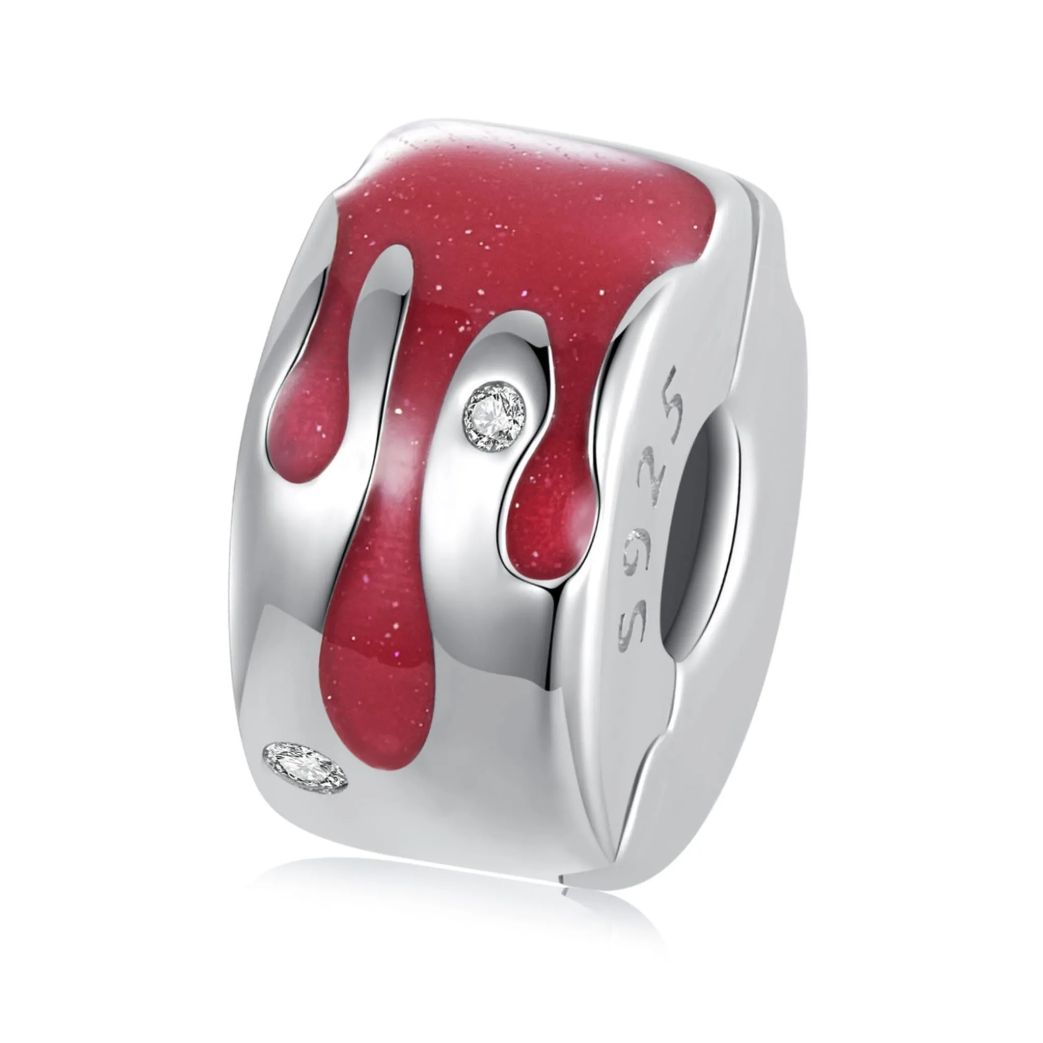 Spinka z czerwoną emalia kryształy przezroczyste srebrny charms