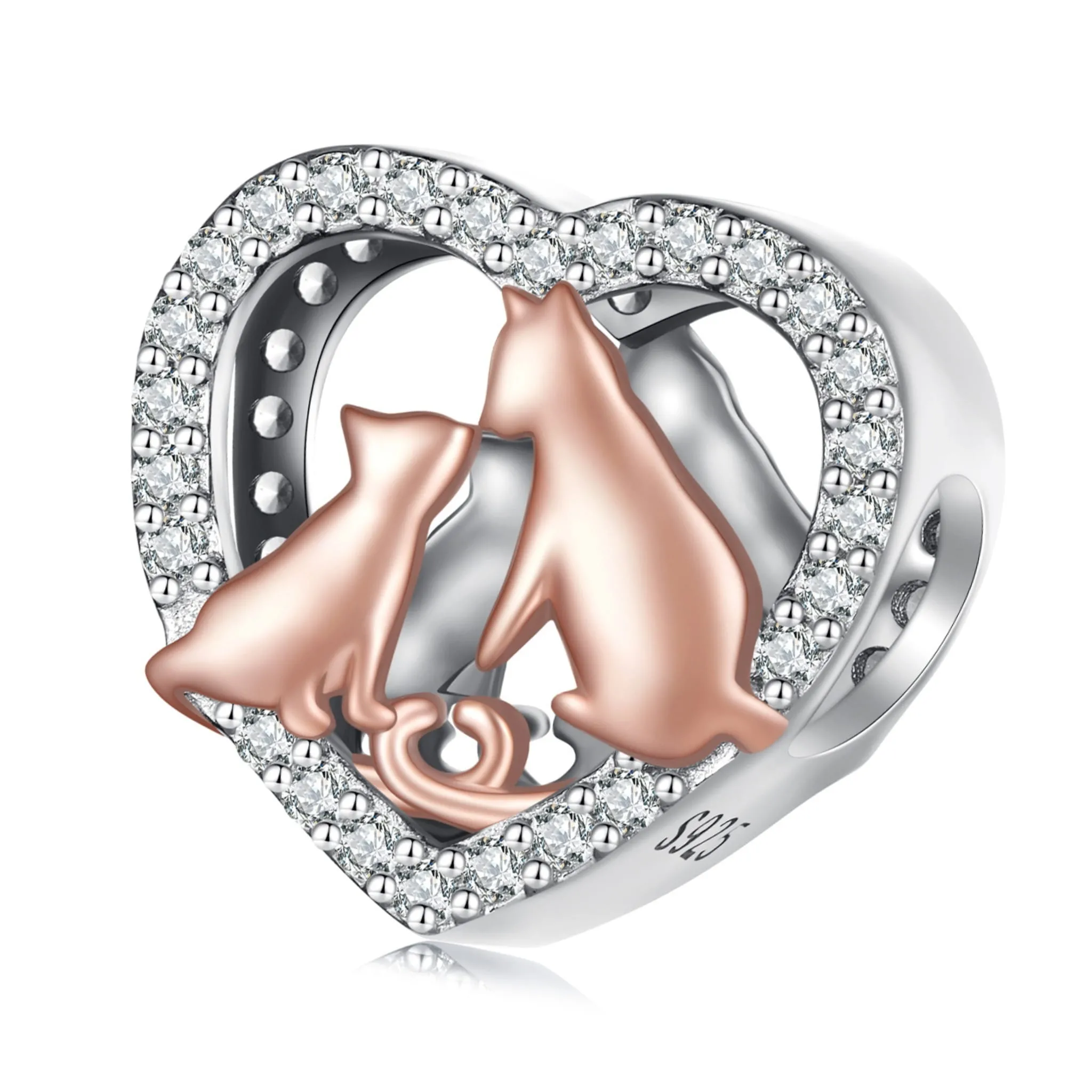 Serce pozłacane kotki otoczone kryształkami srebrny charms koralik beads