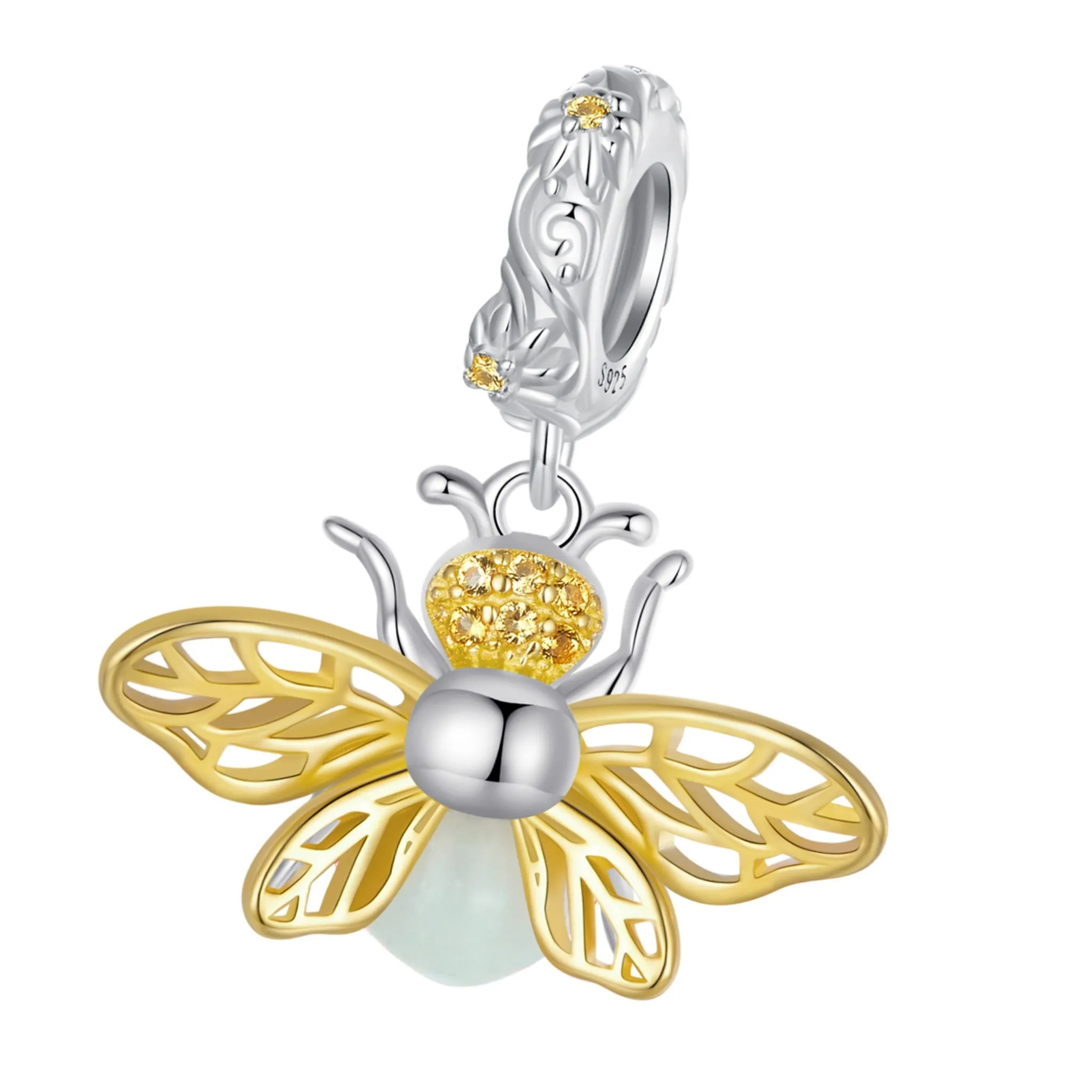 Pozłacana pszczoła świecąca w ciemności srebrny charms zawieszka