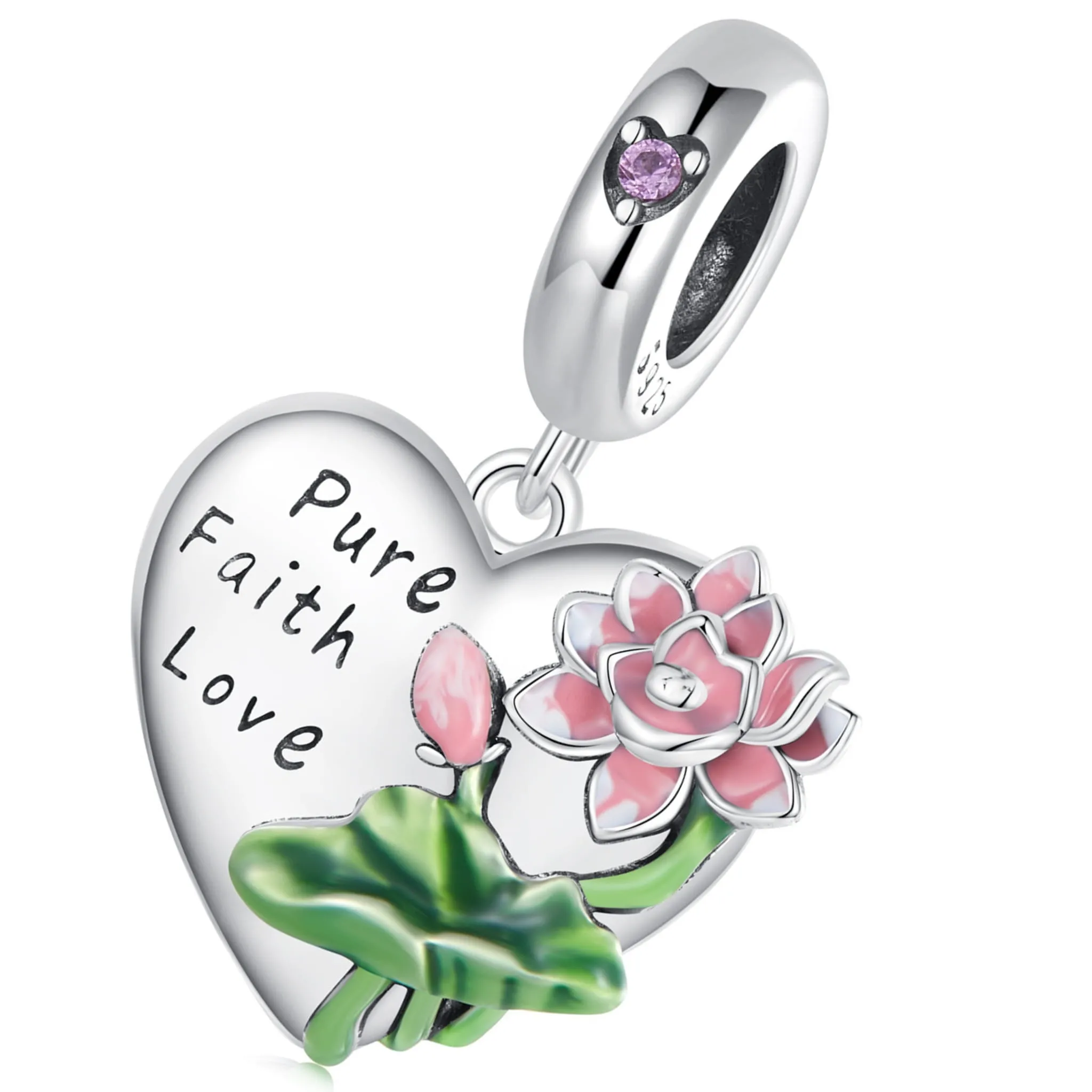 Serce z różowym kwiatem srebrny charms zawieszka beads