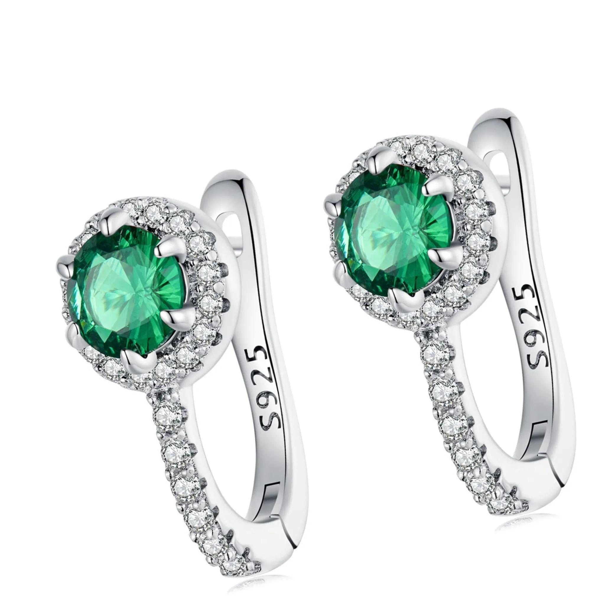 Srebrne kolczyki z zielonym kryształkiem bigle zamykane