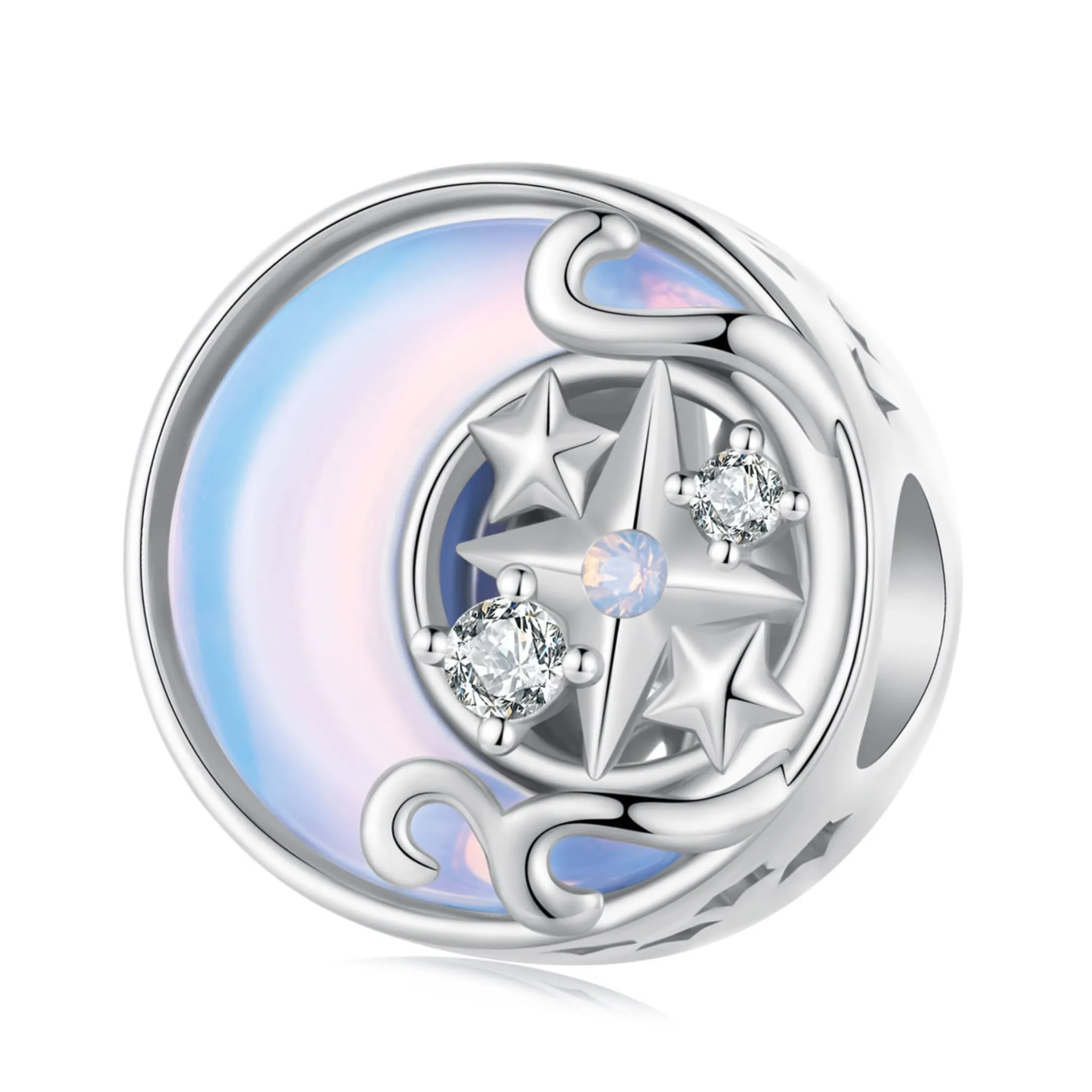 Błękitny księżyc z gwiazdką srebrny charms koralik beads