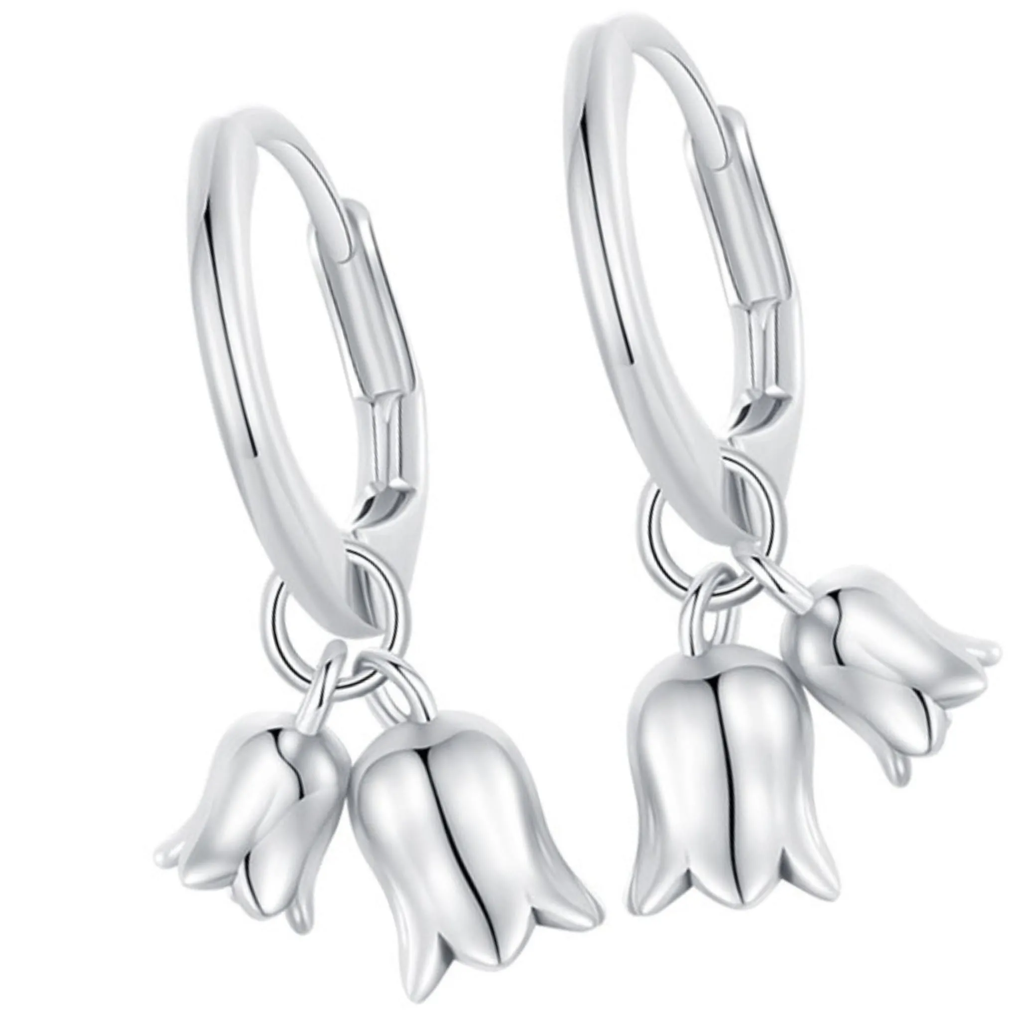 Bigle angielskie z wiszącymi tulipanami srebrne kolczyki