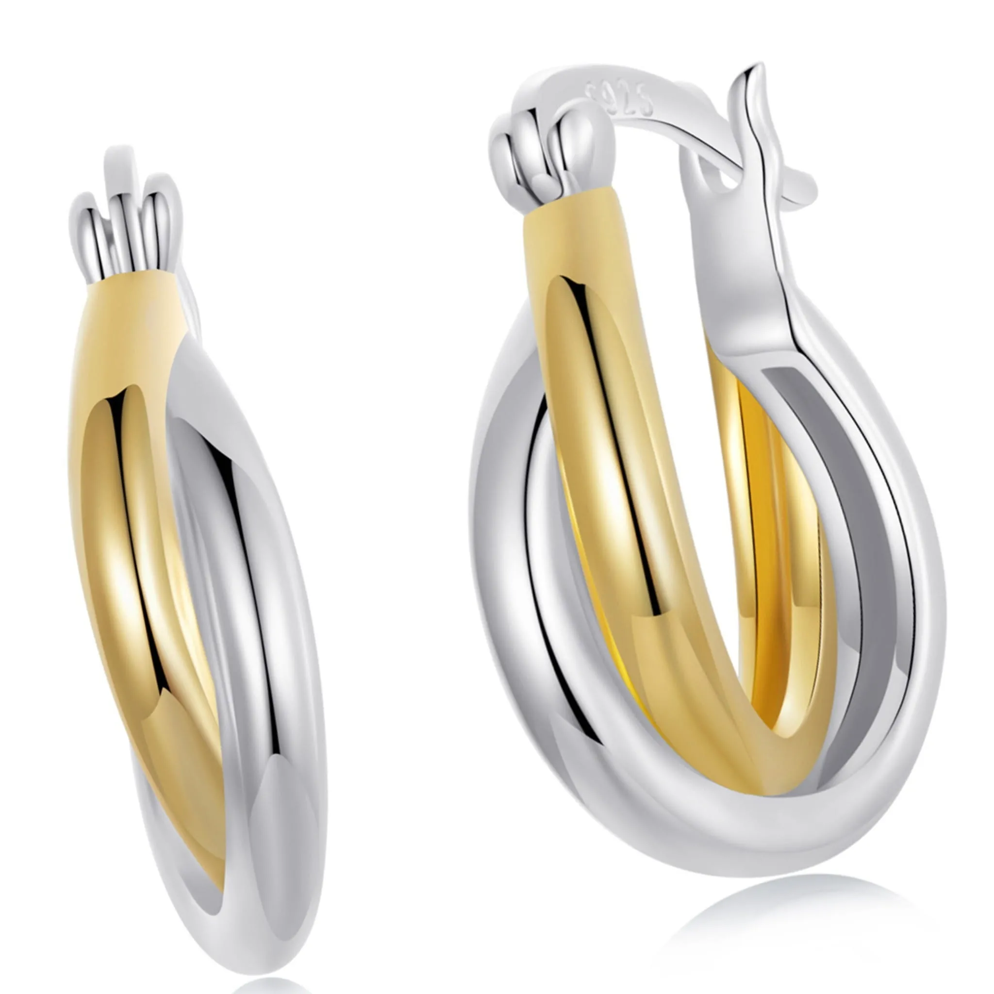 Dwukolorowe koła z pozłacanym elementem zatrzaski kolczyki srebro 925