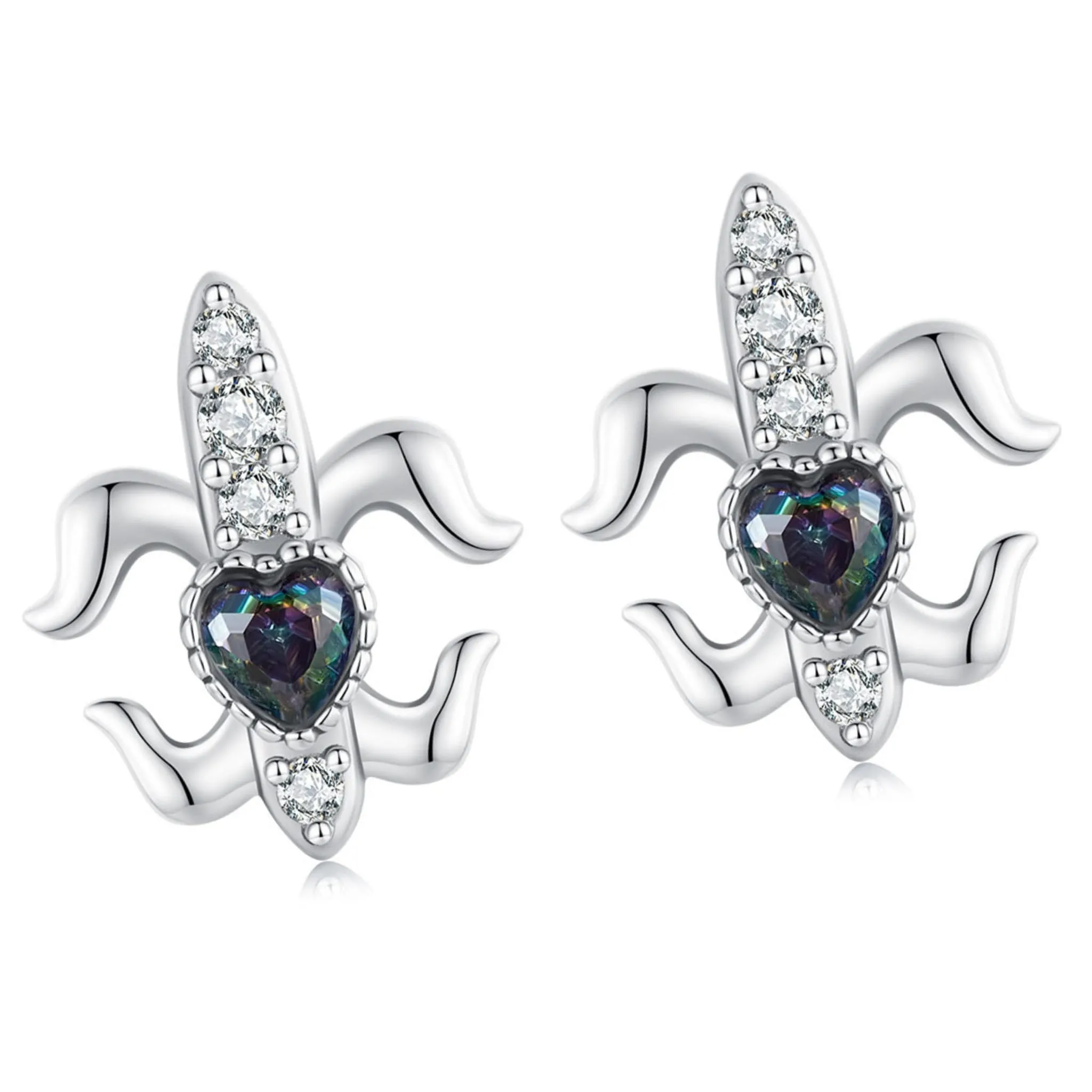 Irysy z sercem srebrne kolczyki sztyfty kryształki srebro 925