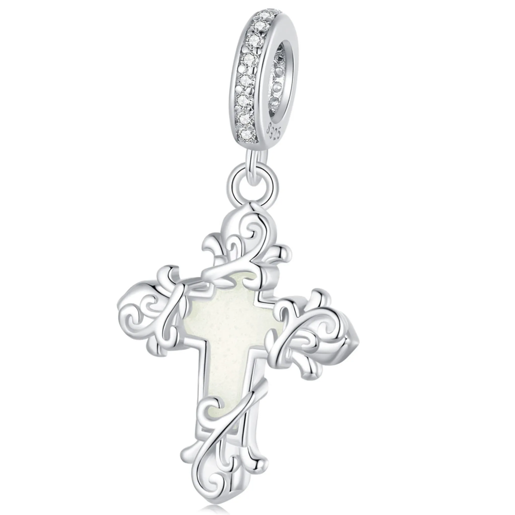 Krzyż świecący w ciemności srebrny charms zawieszka beads