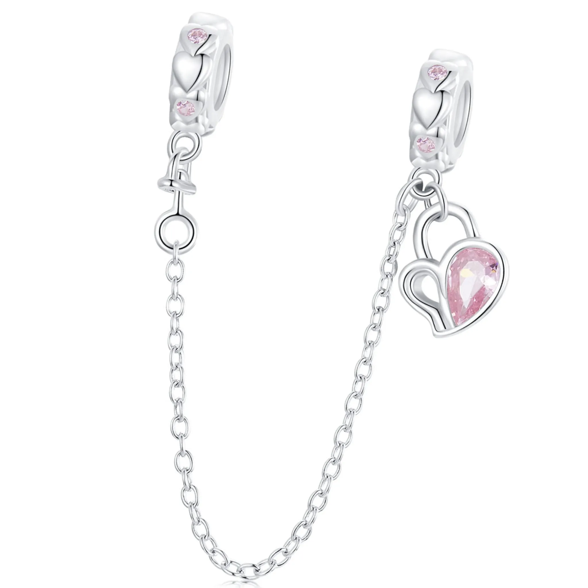 Łańcuszek zabezpieczający podwójny stoper kryształowe serduszka charms srebro 925