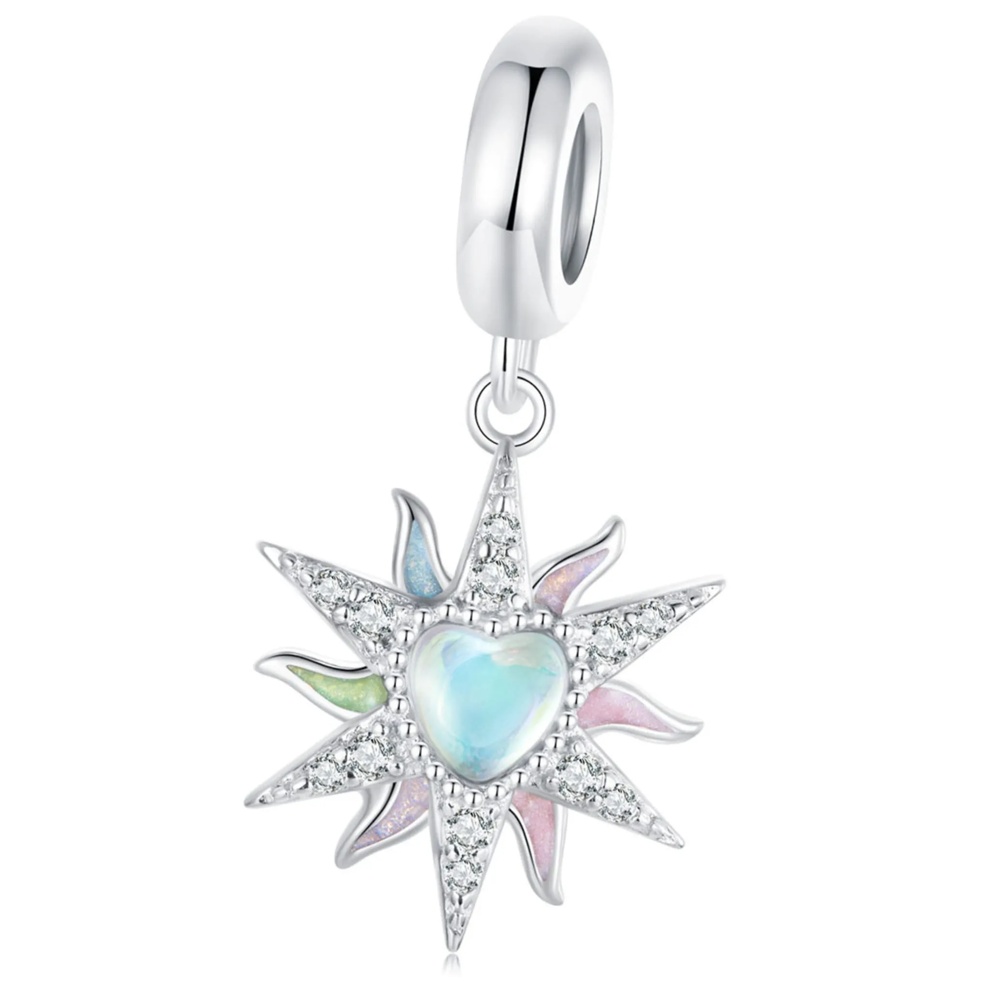 Kolorowe słońce z opalizującym sercem srebrny charms koralik beads