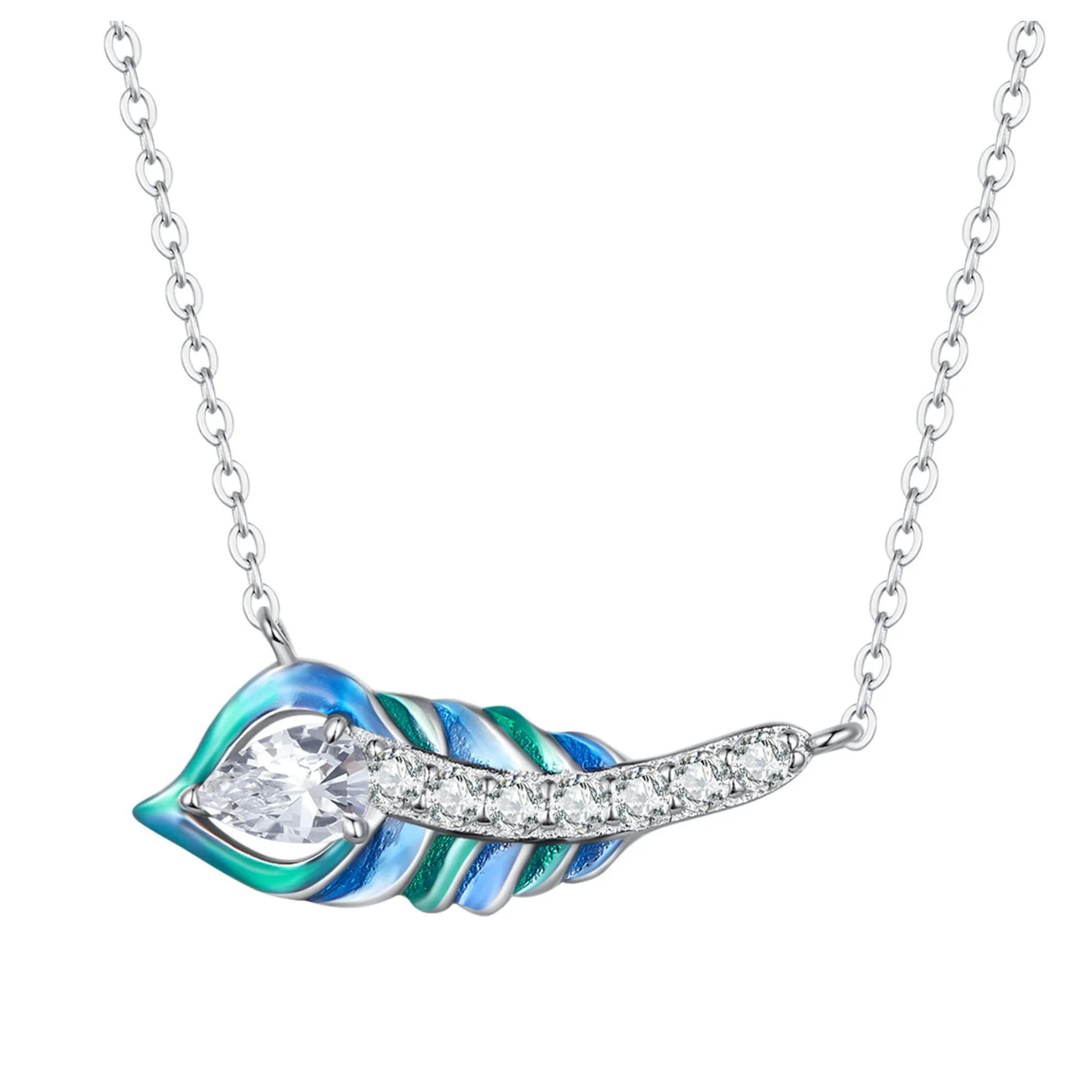 Kolorowe pawie piórko z kryształami srebrny naszyjnik z regulacją długości