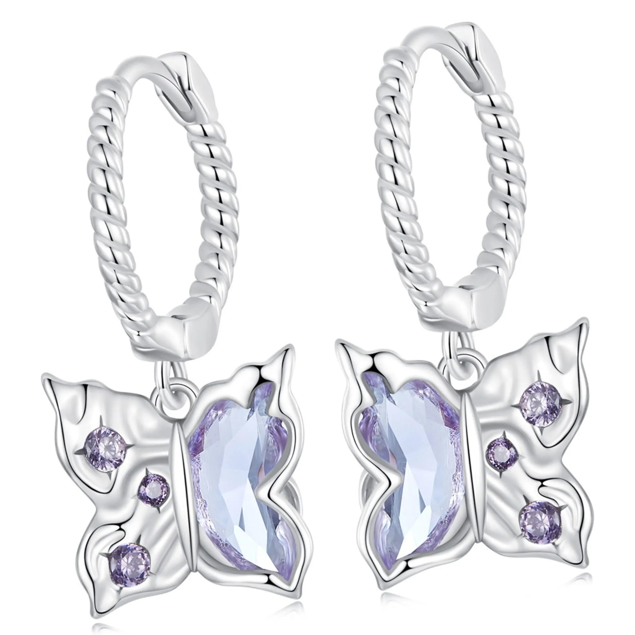 Kryształowe fioletowe motylki srebrne kolczyki koła zatrzaski