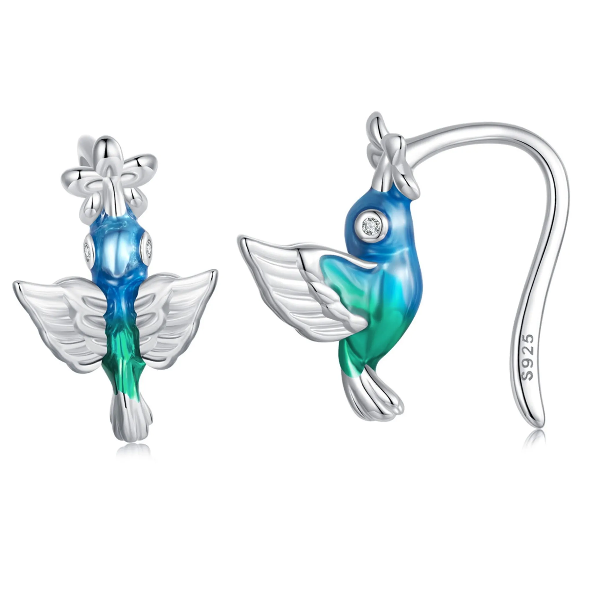 Kolibry z kwiatkami kolczyki srebro 925 bigiel otwarty