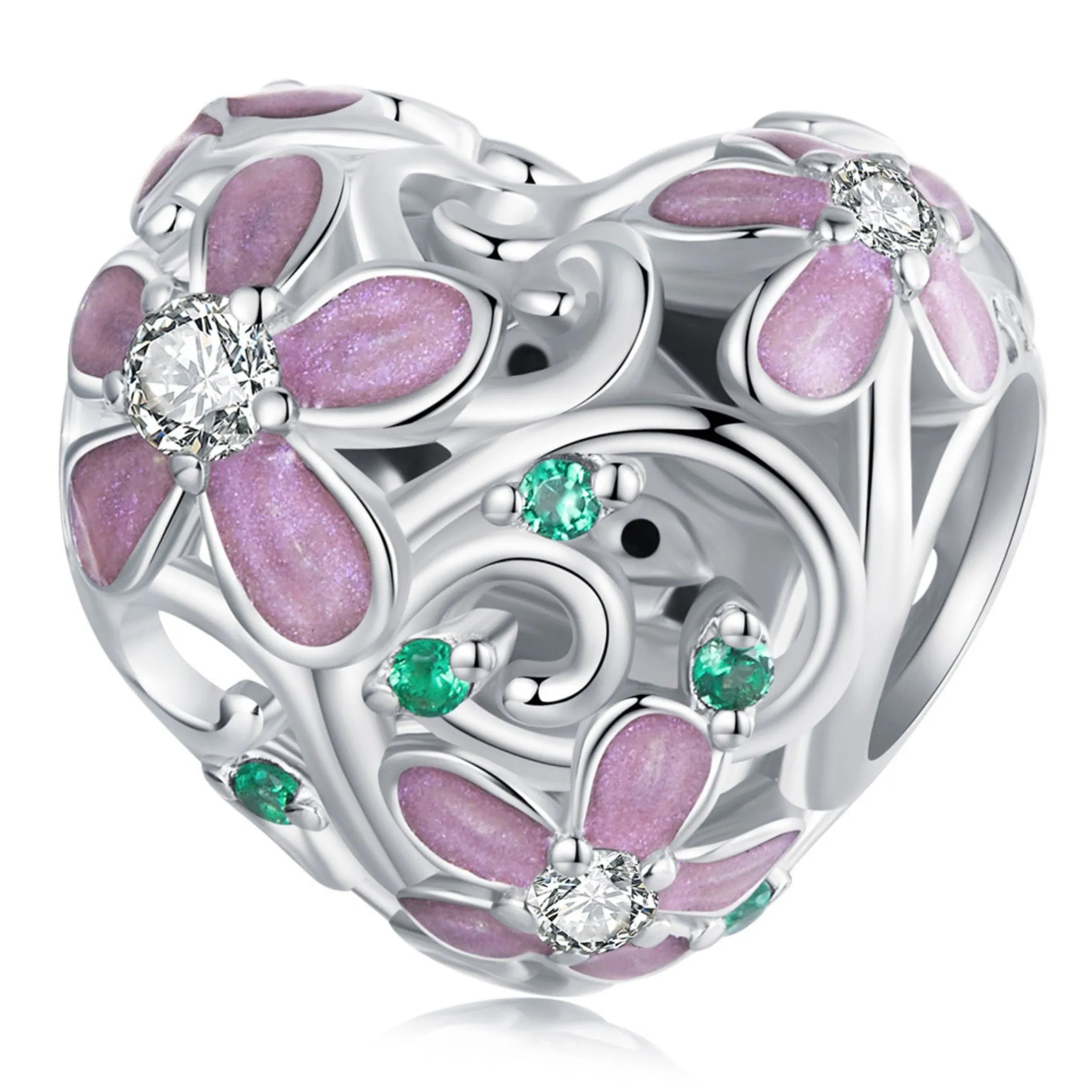 Serce z różowych kwiatów srebrny charms koralik beads srebro 925