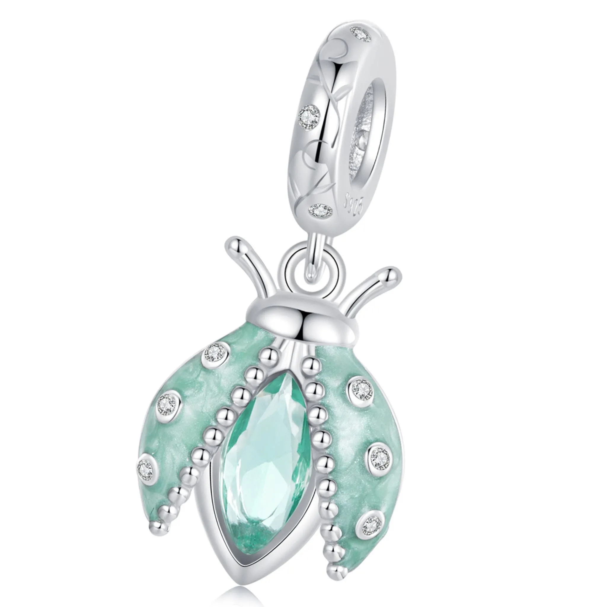 Zielona biedronka z kryształem srebrny charms zawieszka beads