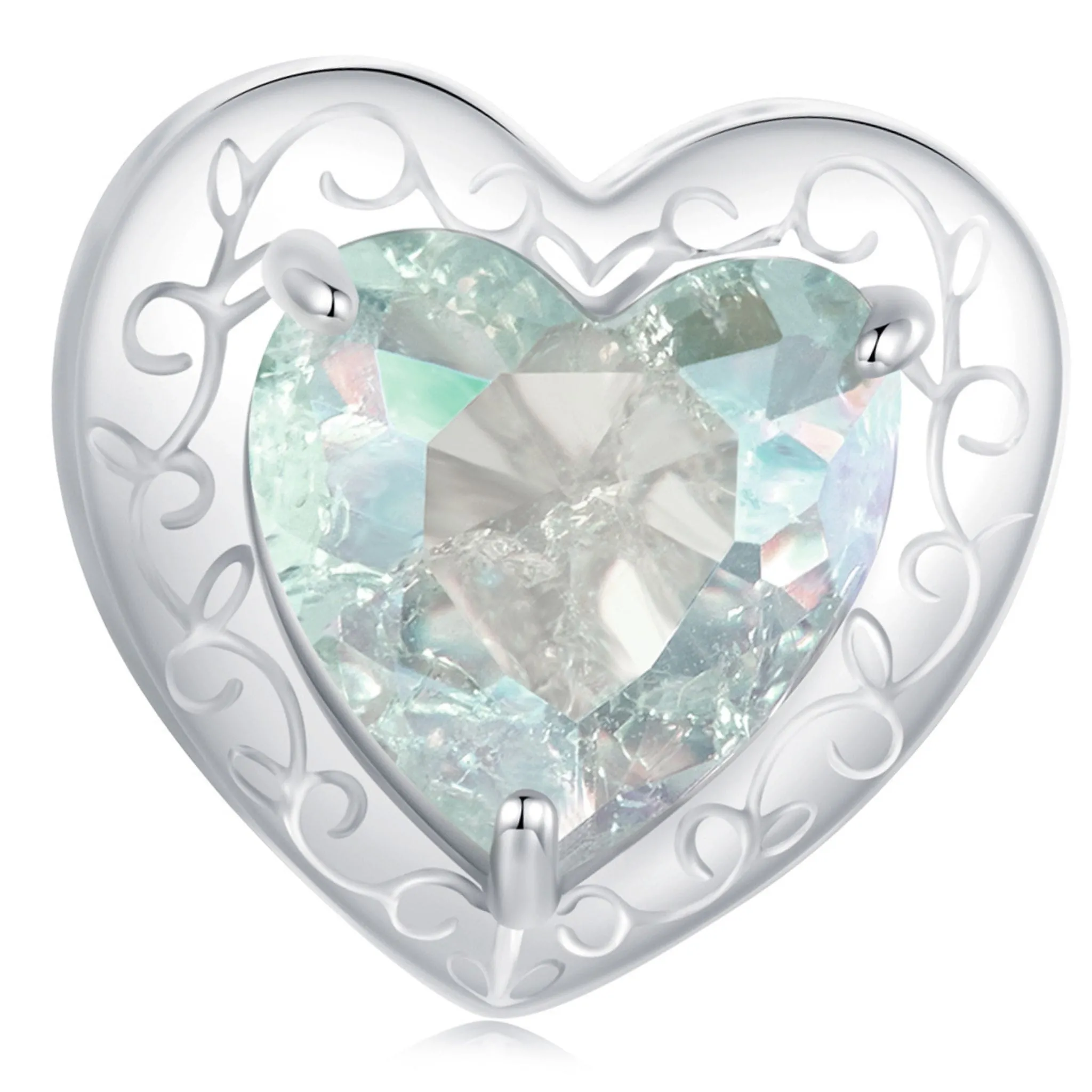 Serce z opalizującym zielonym kryształem srebrny charms koralik beads