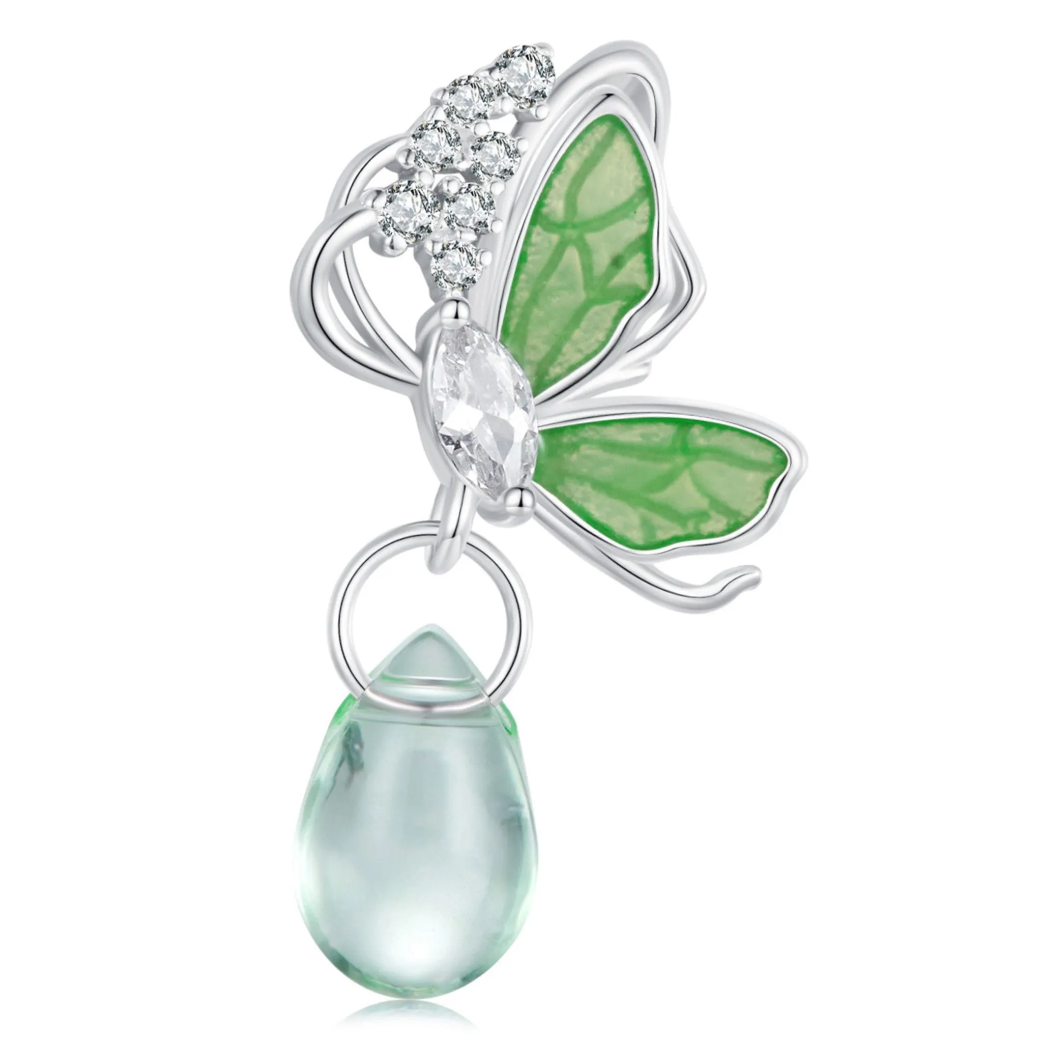 Zielony motylek z wiszącą kroplą charms stoper do bransoletki srebro 925