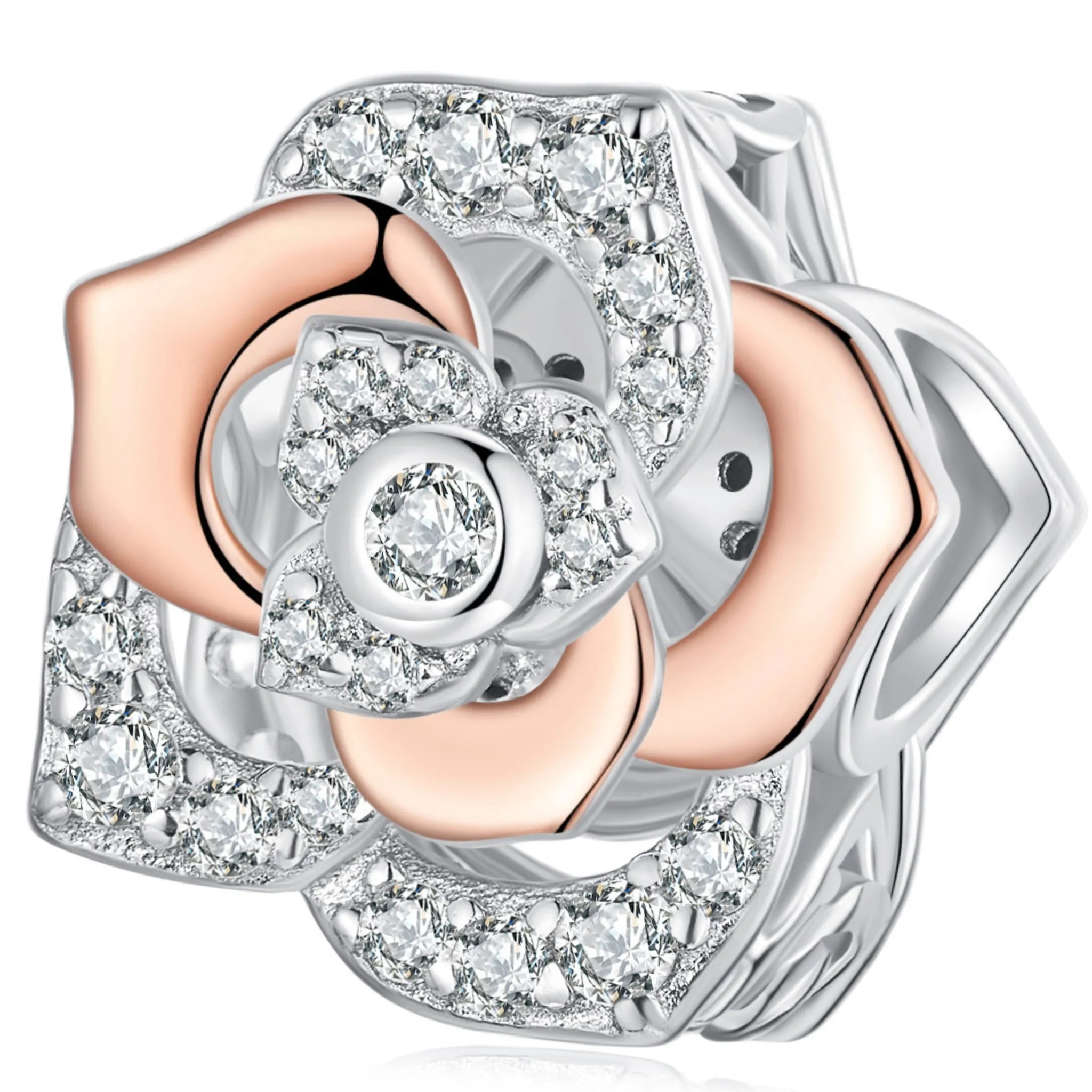 Kwiat róży charms koralik srebro 925 pozłacany różowym złotem