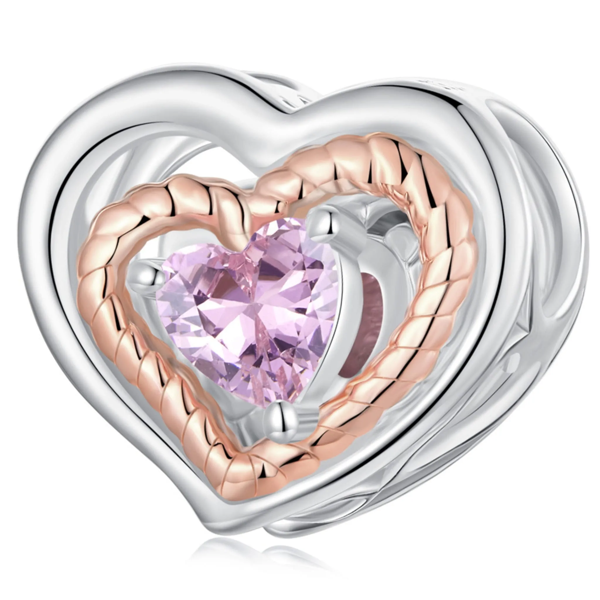 Serce z kryształem charms koralik srebro 925 pozłacany różowym złotem