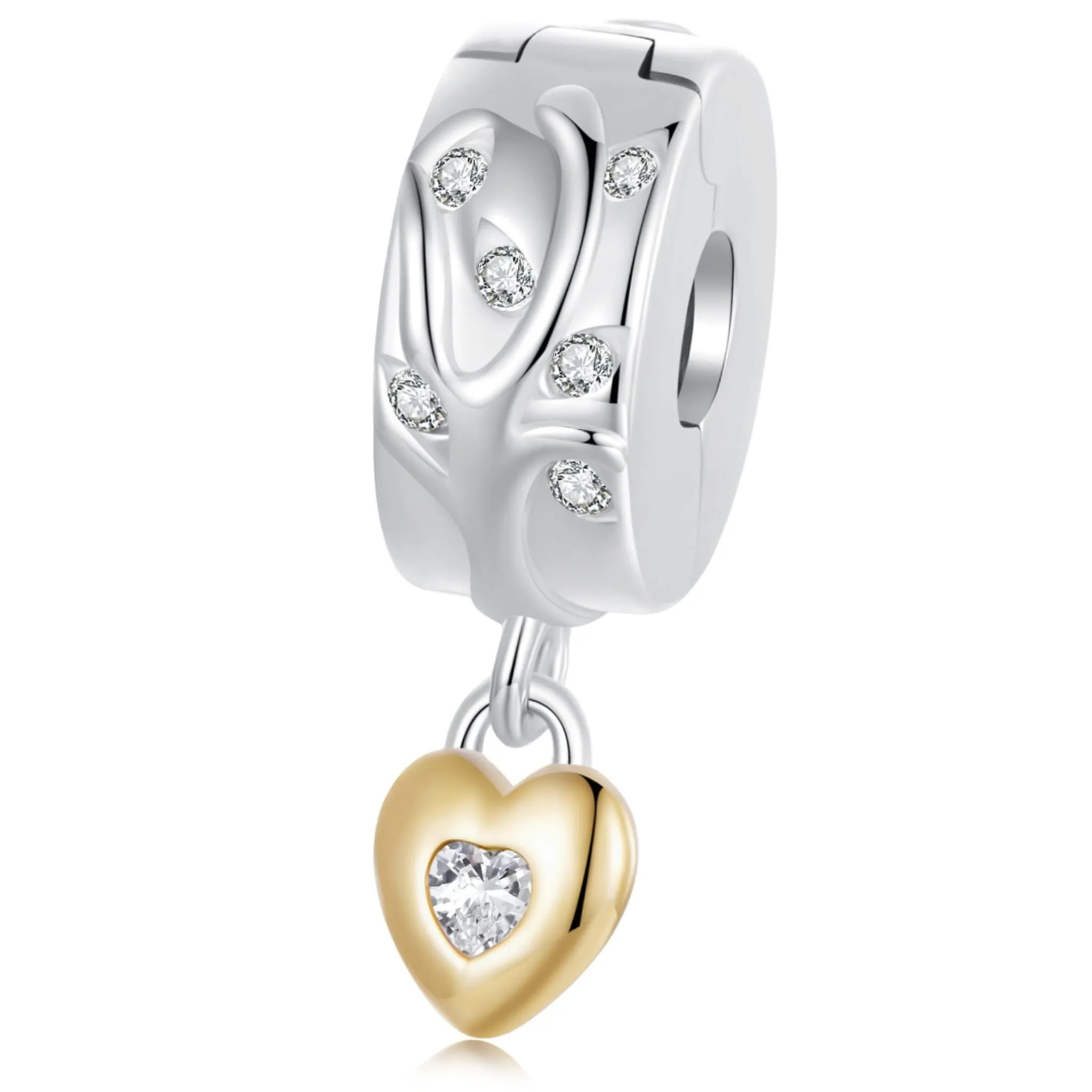 Spinka klips drzewo życia z pozłacanym sercem srebrny charms do bransoletki