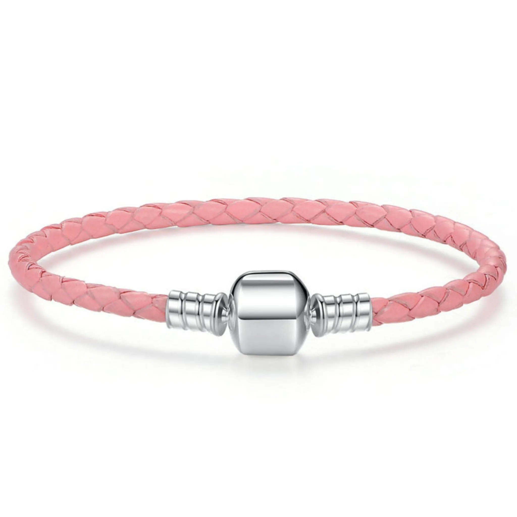 Skórzana bransoletka modułowa 20 cm ze srebrnym zapięciem Różowa