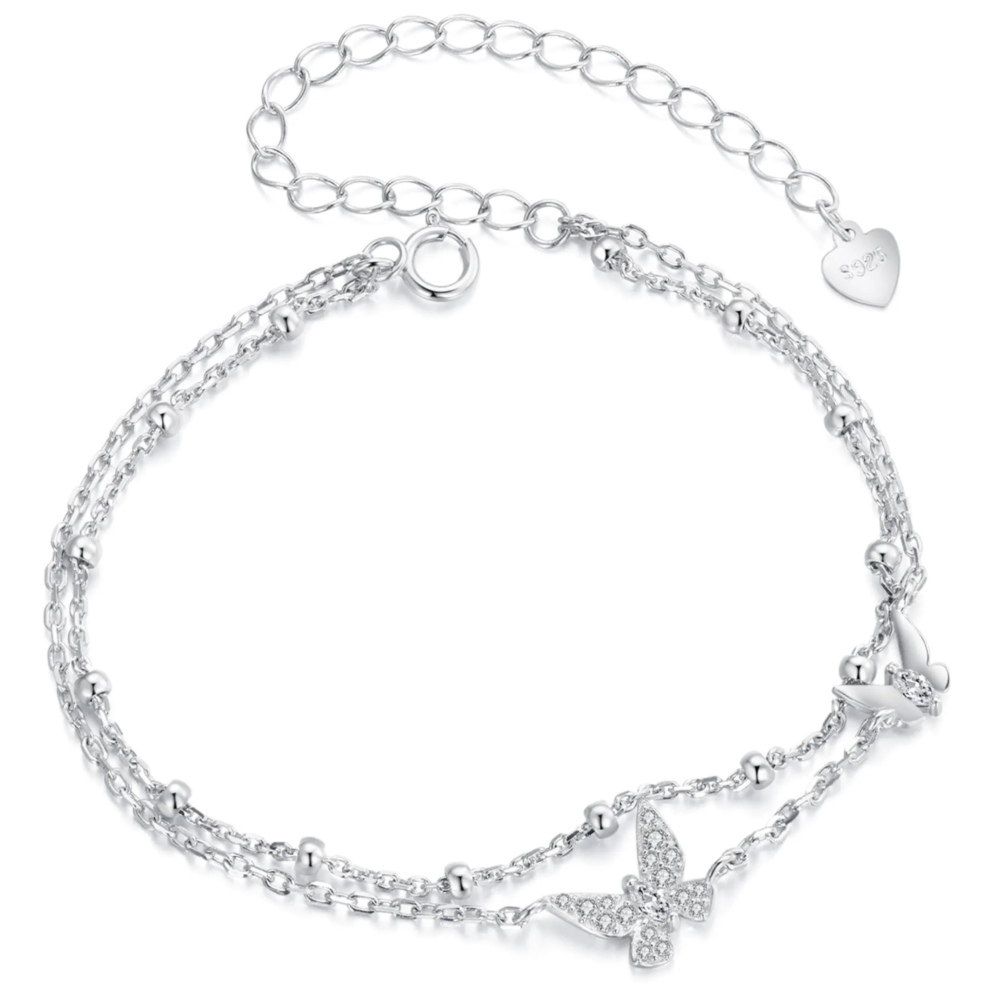 Podwójna srebrna bransoletka z kryształowymi motylami