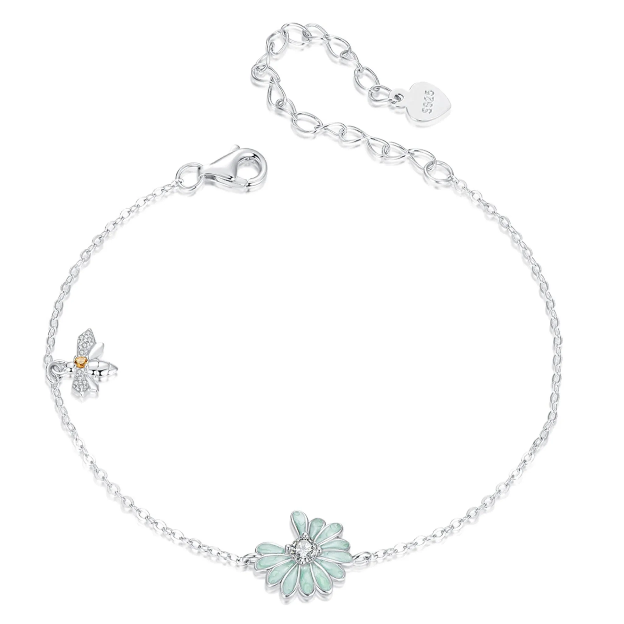 Srebrna bransoletka niebieskim kwiatem i pszczółką