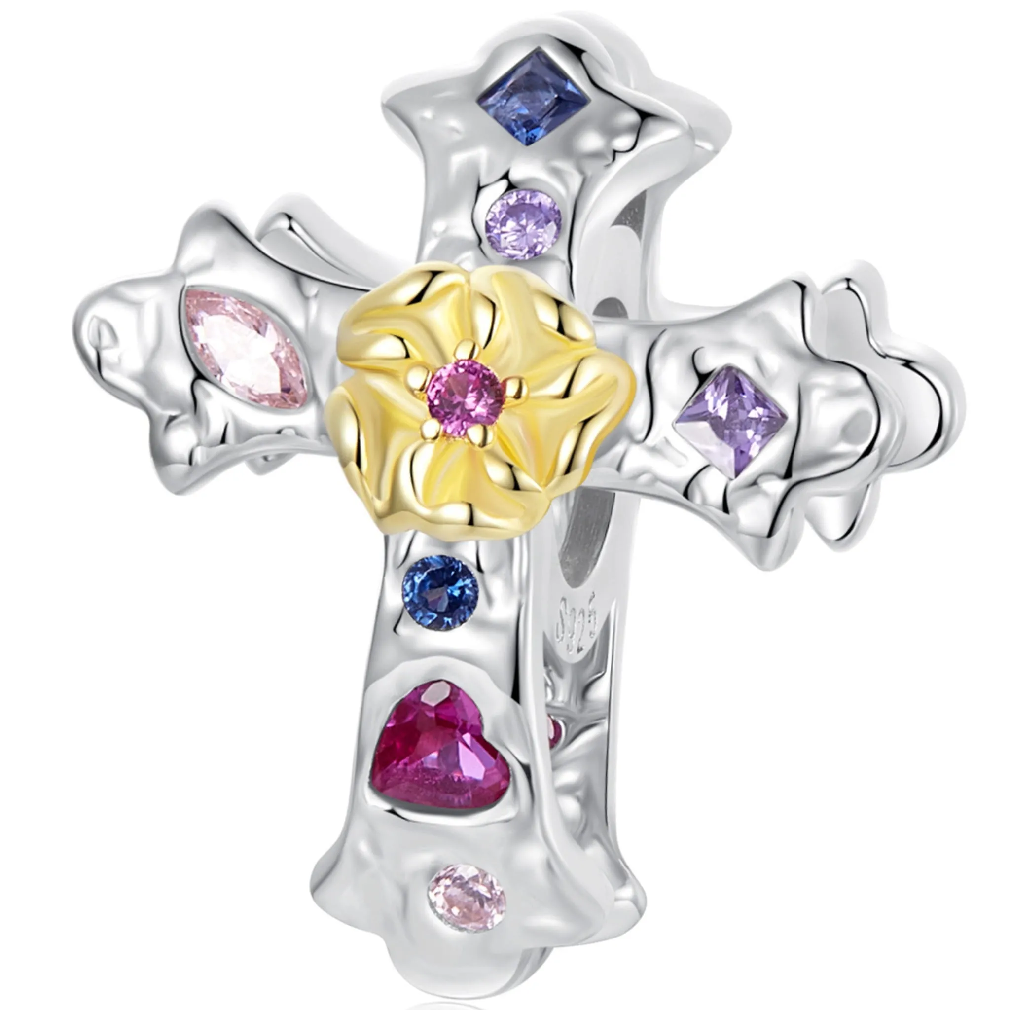 Krzyż z kolorowymi kryształami srebrny charms koralik beads srebro 925