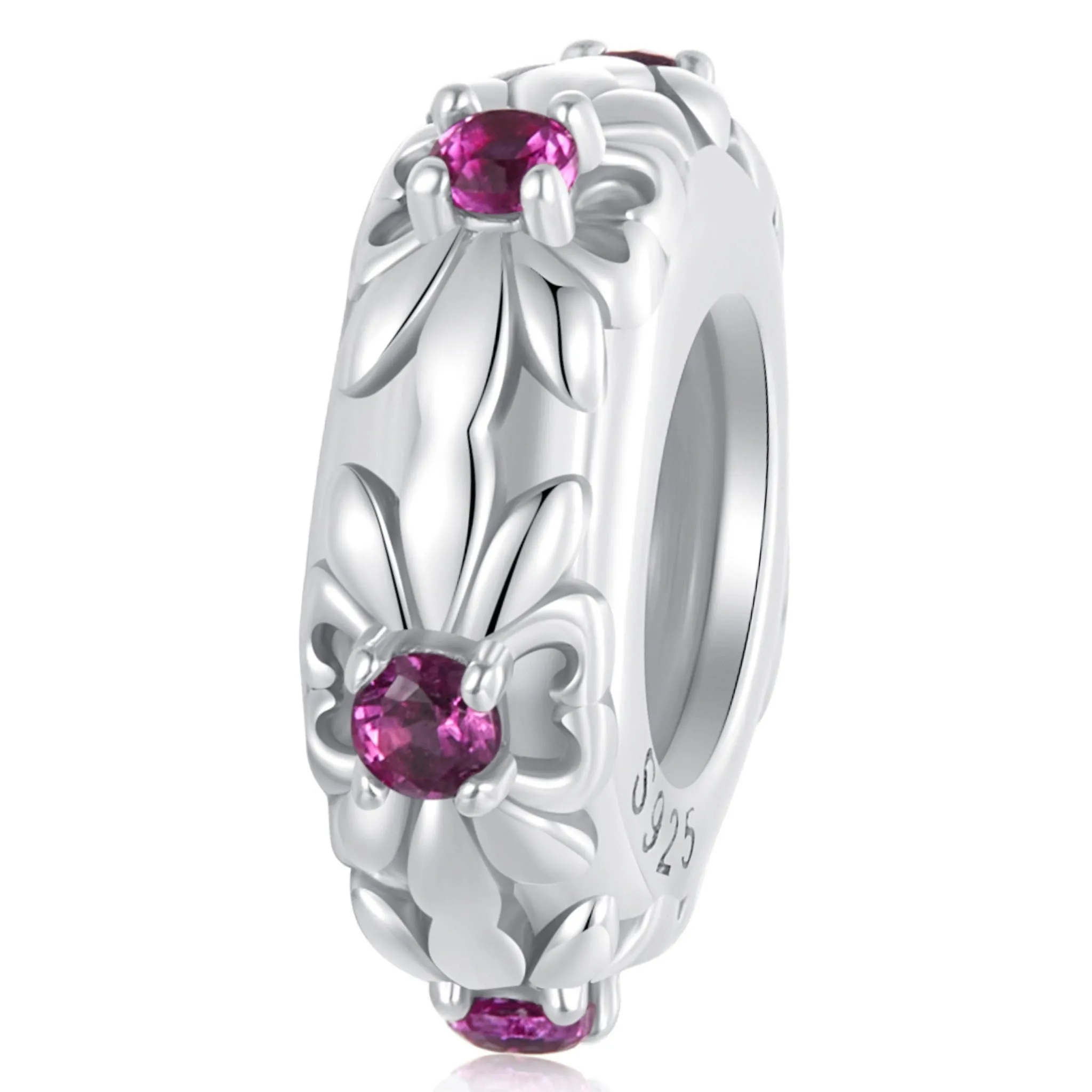 Stoper w kwiaty z różowymi kryształkami charms do bransoletki srebro 925