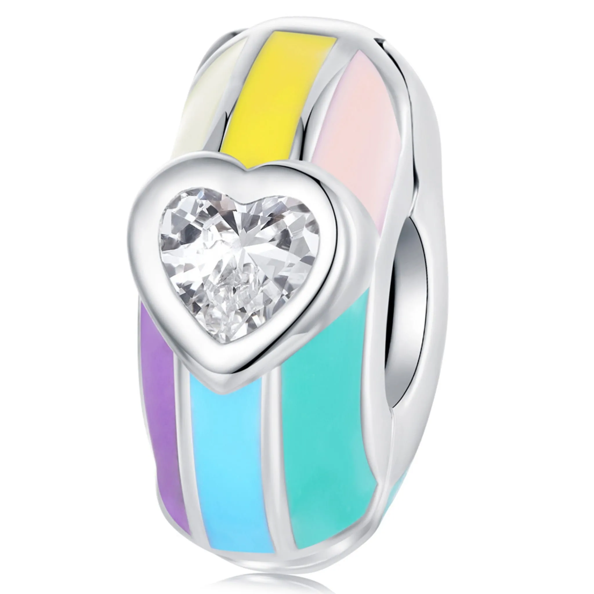 Kolorowa spinka z kryształowym sercem klips pokryty emalią srebrny charms do bransoletki srebro 925