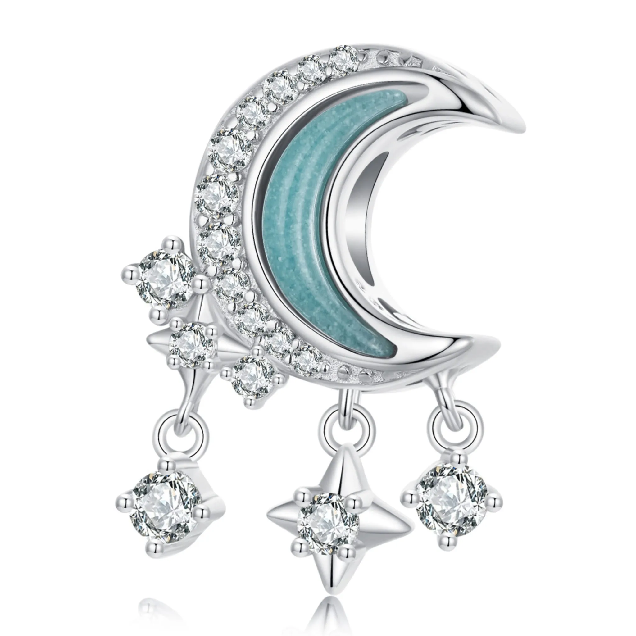 Księżyc świecący w ciemności z wiszącymi gwiazdkami charms srebrny koralik beads